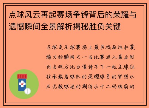 点球风云再起赛场争锋背后的荣耀与遗憾瞬间全景解析揭秘胜负关键